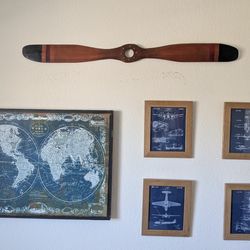 Aviation Wall Decor Set – Vintage Map + Airplane Blueprints – 6 pcs