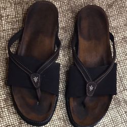 Naot: Brown Leather Thong & Fabric Band Sandals, Size: 38, Made in Israel 