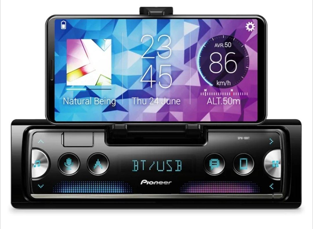 Pioneer SPH-10BT 1-Din Smart Sync Receiver – Bluetooth, Smartphone Mount, Color Change, USB, FLAC, Voice Control, 50W x 4 Output, 13-Band EQ, AM/FM Ra