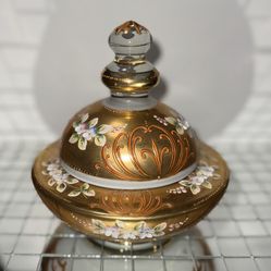 Antique Bohemian Czech art glass w gold gilt & enamel hand printed flowers jar/candy tray 
