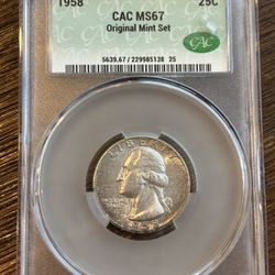 1958 Washington Quarter MS67 CAC – Slabbed, Original Mint Set 