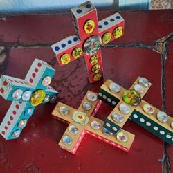 Hand made wooden vintage cross with glass beads and religious images 