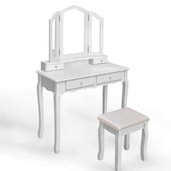White Vanity Makeup Table Set w/ Tri-Fold Mirror, 4 Drawers & Stool
