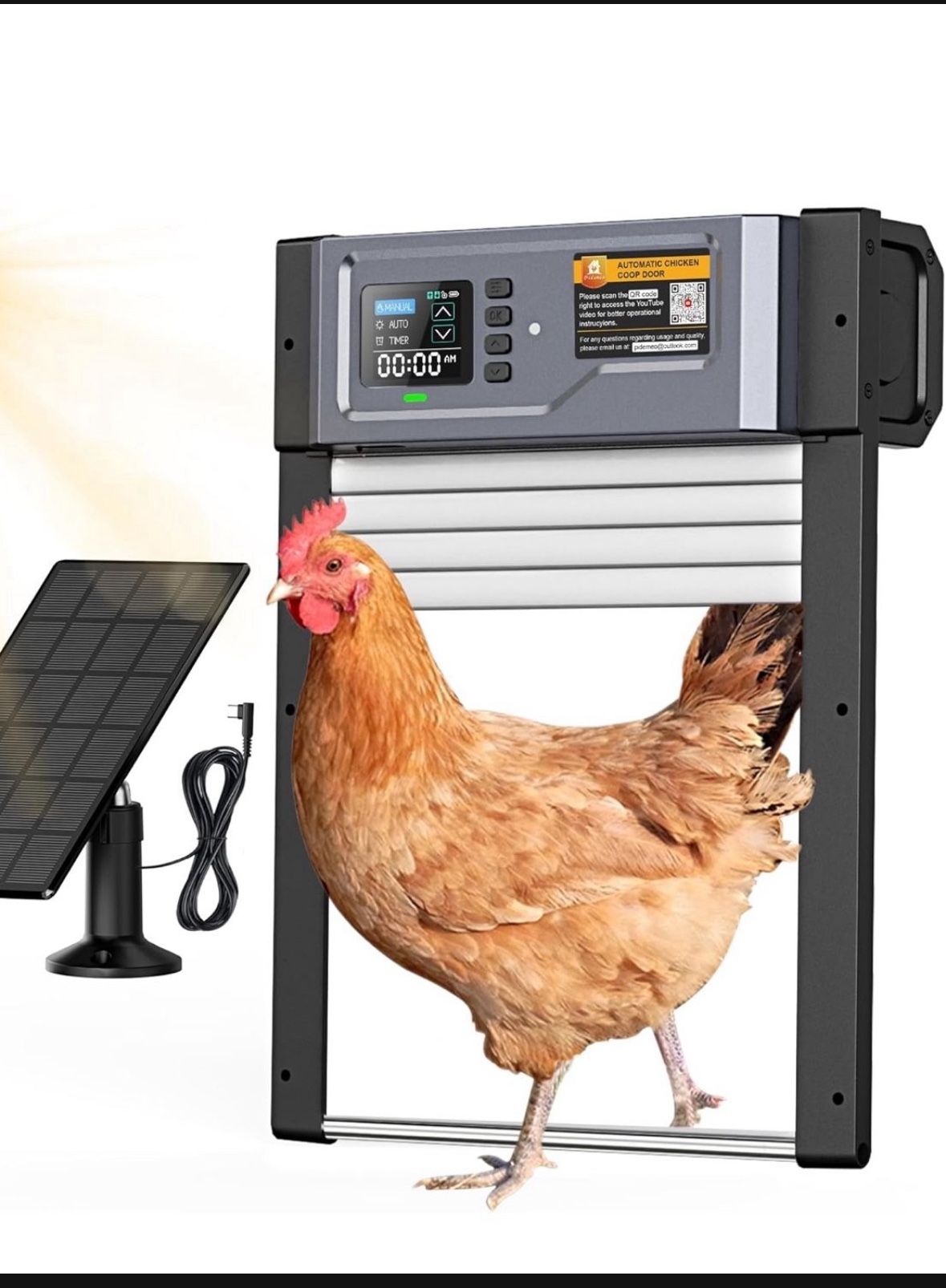 Automatic Chicken Coop Door Solar Powered with Timer/Light Sensor, Anti-Pinch, Durable Aluminum Alloy Auto Chicken Door, Charge with Large Solar Panel
