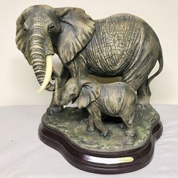 Elephant & Baby Calf Statue On Wooden Base