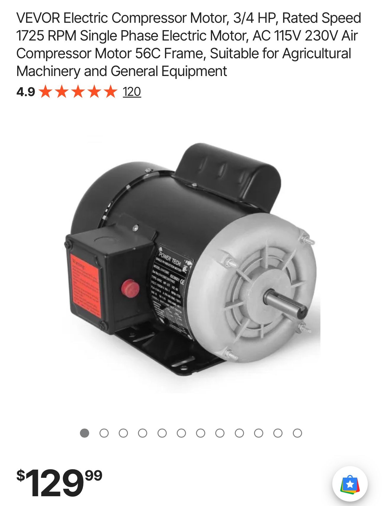 Electric Compressor Motor, 3/4 HP, Rated Speed 1725 RPM