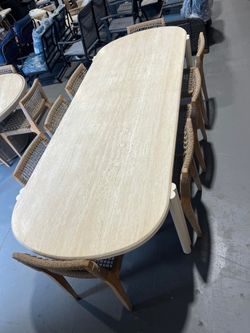 NEW- TRAVERTINE NATURAL Stone Outdoor Dining Table Set w/ 8 Chairs