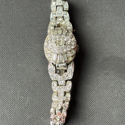 Vintage Ladies Mechanical Clam Shell Watch Rhinestone + White Stones Bracelet