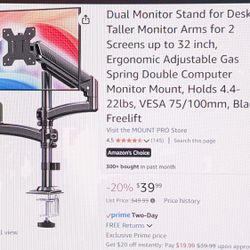 Dual Monitor Desk Mount – Gas Spring Arms – Fits Up to 32” Screens