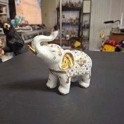 Vintage Mid To Late 20th Century Glazed Ceramic Elephant Figurine, Colorfully Decorated W/Gold Accents, Trunk Up Symbolizing Strength, Wisdom & Good F