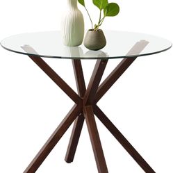 Round Glass Dining Table,34.6" Round Kitchen Room Table,Modern Tempered Glass Tabletop Dining Room Table with Steel Cross Base for 4 People,Round Larg