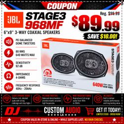 JBL Stage3 968MF 6x9" 3-Way Car Audio Coaxial Speakers Pair 80W RMS 640W Peak Plus One Woofer Cone PEI Dome Tweeters High-Efficiency 4-Ohm Sound Upgra