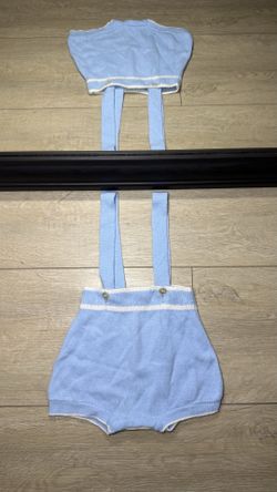 Vintage 1980s Kids / Toddlers Baby Blue And White Striped Overall Romper