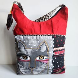 LAUREL BURCH Festive Whiskered Cat Canvas Tote Bag Handbag Shoulder Bag NWT