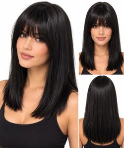 New Women's 15" Black Straight Synthetic Wig with Bangs