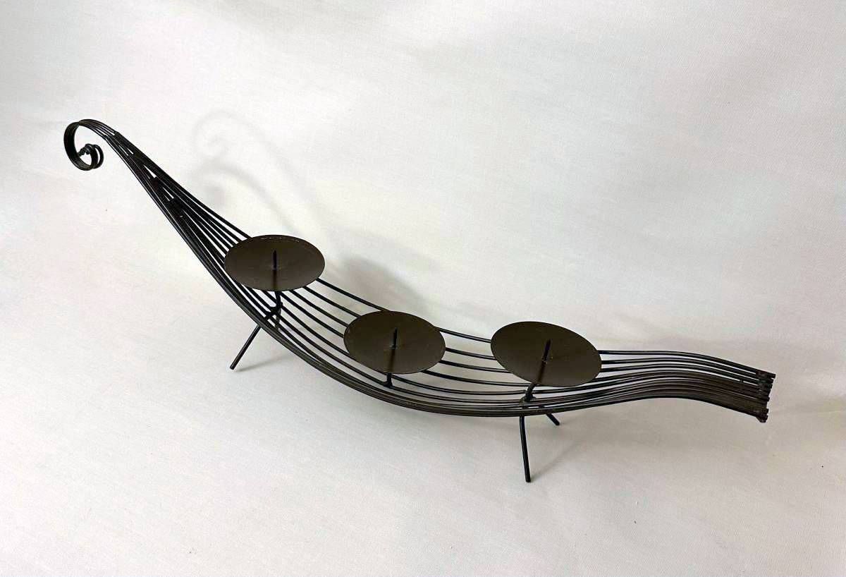 Wrought Iron Gondola Boat 3 Votive Candle Holder Decor