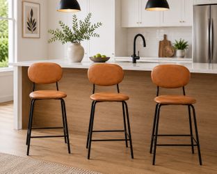 Set of 3 Cognac Faux Leather Counter Height Bar Stools with Backrest