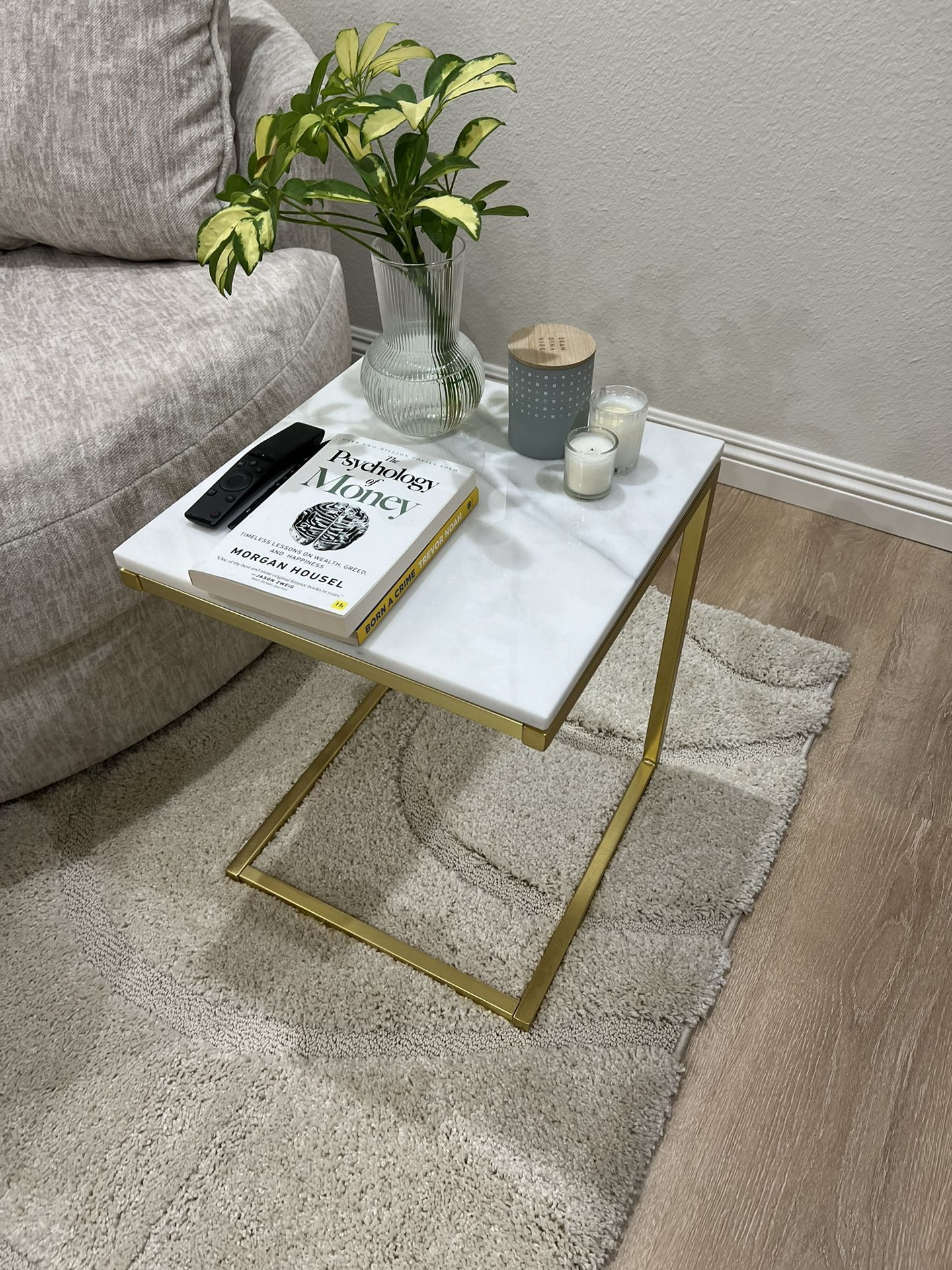 CB2 Smart Brass C Table with White Marble Top