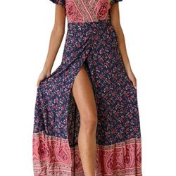 ZESICA Women's 2023 Bohemian Floral Printed Wrap V Neck Short Sleeve Split Beach Party Maxi Dress

