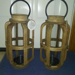 (2) Wooden Candle Holder w/ Glass! New W/Tags! 