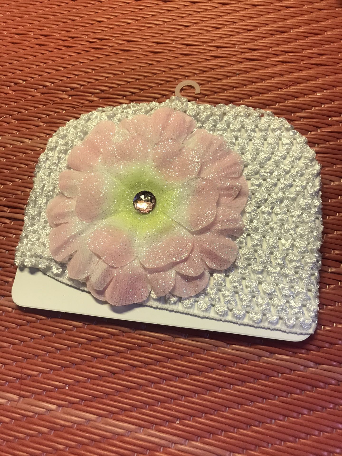 Baby Girl stretchy white Hat With pink flower & Gemstone! New/handmade!