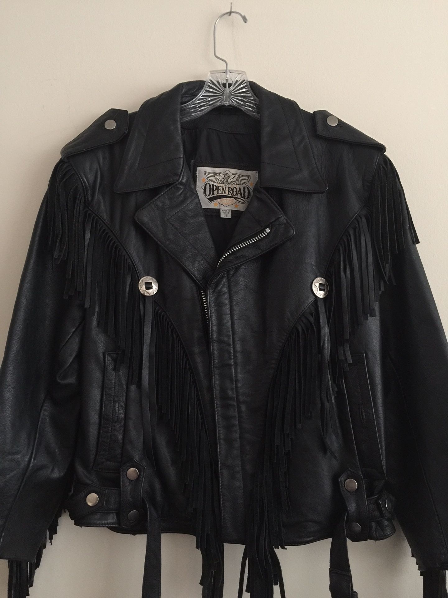 Open Road leather fringed motorcycle jacket black size 38