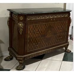 Antique Intricate Wooden Chest with Green Marble Top