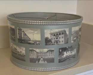 Old Postcards Of Long Beach Laminated Lampshade. 15" x 10", Nice Condition.