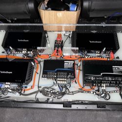 FULL STEREO SYSTEM POWER AMPLIFIERS FOR 2 SUBS MID’s & TWEETS ALL WIRED INTO A DIGITAL SOUND PROCESSOR! VERY HI END AWESOME STEREO PLUG N PLAY