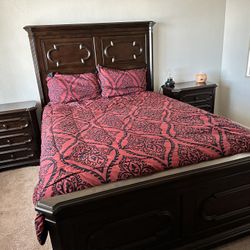 Dresser With Mirror, Queen Size Frame, And Two Bedside Tables