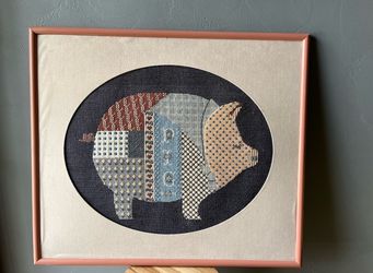 Large Framed Embroidered Pig