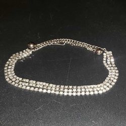 VINTAGE 3 ROW CZ CRYSTAL SILVER TONE METAL JEWELRY CHOKER NECKLACE 