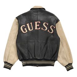 VINTAGE GUESS LEATHER BOMBER JACKET SMALL S MENS BROWN WOOL VARSITY FULL ZIP 90s