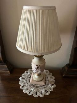 Vintage Capodimonte Style Ceramic Table Lamp Pink Bow Details Pleated Shade Shabby Chic Coquette Cot