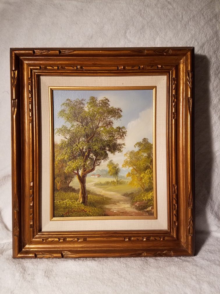 Vintage Original Framed Landscape Oil Painting on Canvas by H. Chilton