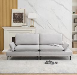 89 inch Cotton Linen Loveseat Sofa with Sturdy Metal Feet, Upholstery Accent Couch with Adjustable Armrest
