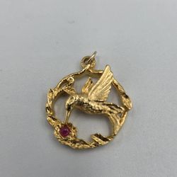 JJI Goldtone Hummingbird Pendant With Red Rhinestone Flower