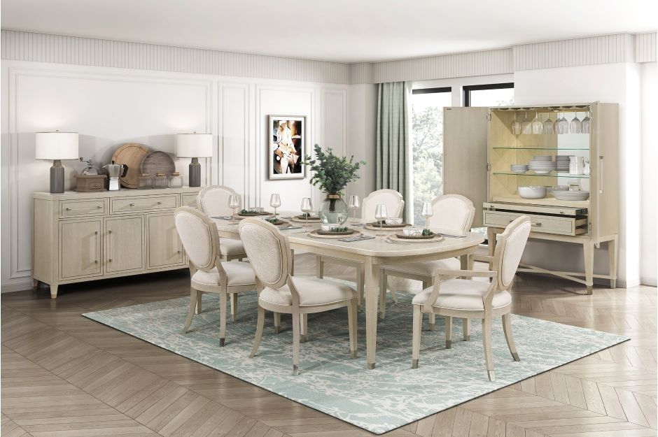 Brand new light oak dining table ( 42 x 78-96 x 30H) + 6 ivory chenille chairs