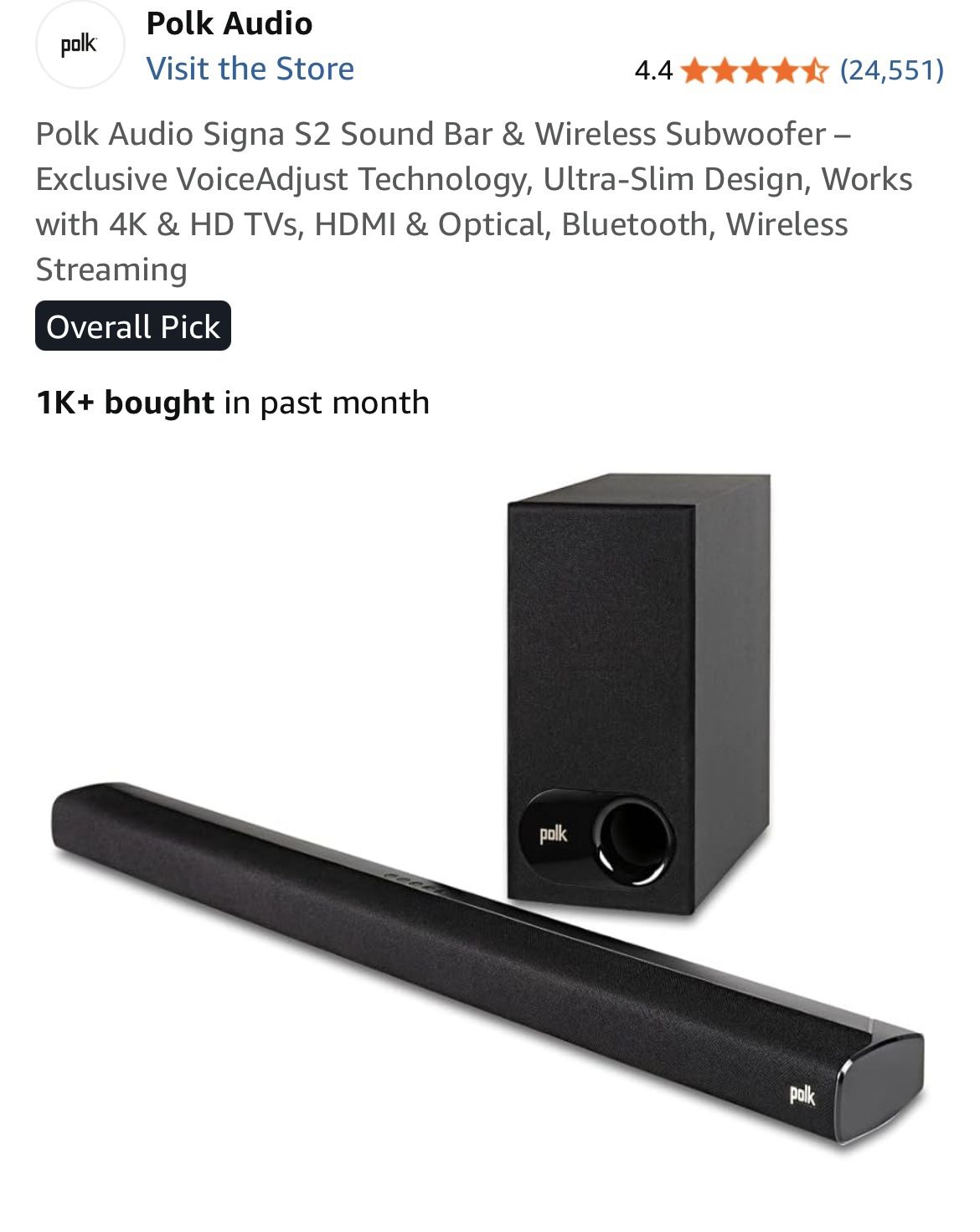 Soundbar, Polk Signa S2 With Wireless Subwoofer Like New