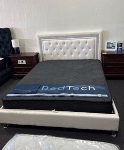 White Queen Size Platform Bed Frame With Crystals