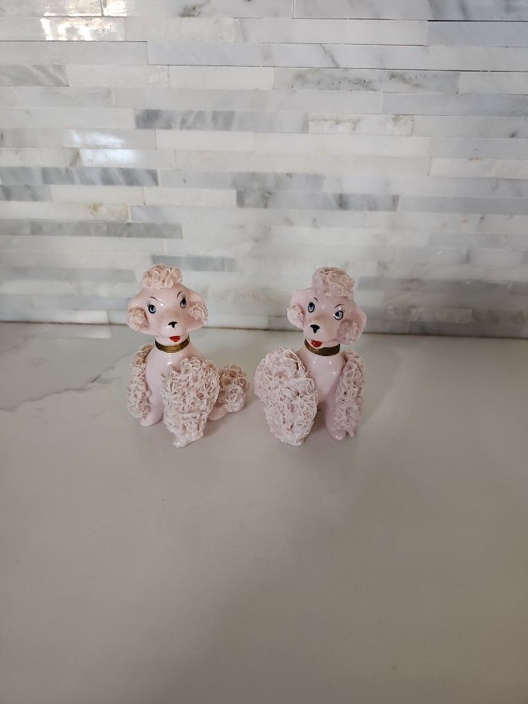 Vintage Spaghetti Pink Poodle Salt An Pepper Shakers