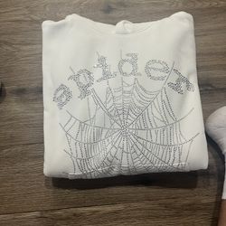 White With Sliver Rhinestones Sp5der Hoodie Brand New Size Medium 