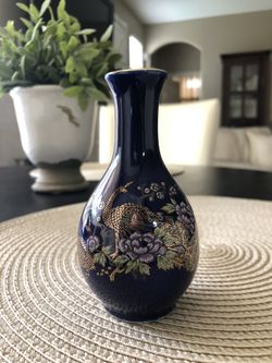 Gorgeous Indigo Blue Bud Vase With Gold and Purple Design 