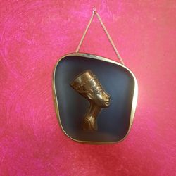 Vintage 1950s Mid-Century Modern Solid Brass & Matte Enamel Nefertiti Wall Plaque