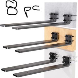 HOZE Heavy Duty Metal Shelf Brackets 12-Inch, Set of 8, Modern Black Matte Finish, 1/5" Thick Steel, Easy-to-Install, Strong Support for Shelves, Vers