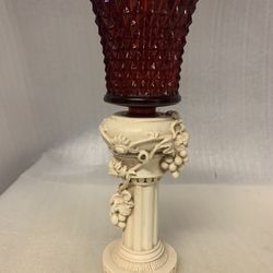Vintage French Plaster Pedestal/Candle Holder Diamond Point red glass 1950s.