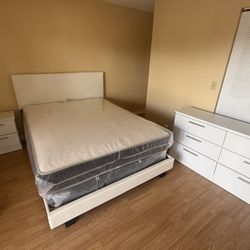 Queen Size Bed Frame With Mattress And 1 Nightstand And Dresser.  All New Furniture Free Delivery Free Installed  