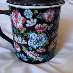 Vintage Chinese China Floral Mug With Lid 6" 16oz