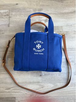 New Tory Burch Blue Canvas Tote with Leather Strap
