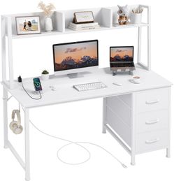 White Computer Desk with Hutch & Drawers - Office Desk with 3 Storage Drawers and Power Outlets, 47 Inch Modern Study Writing Desk for Bedroom Home Of